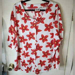 Steffano Baseball Style Top Plus Size 26/28 White Red Floral Short Sleeve